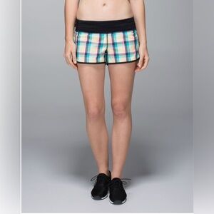 Lululemon Speed Short in Wee Wheezy Check Bleached Coral Cadet Blue / Black